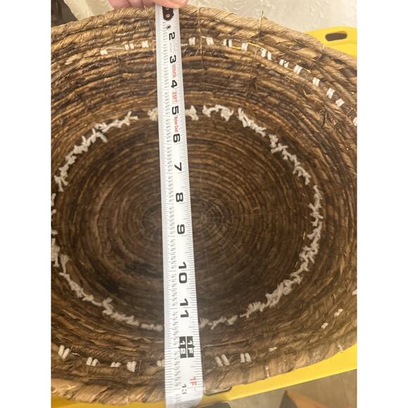 Brown Woven Basket White Knit Boho Bohemian Handles Home Decor Storage - Picture 5 of 8